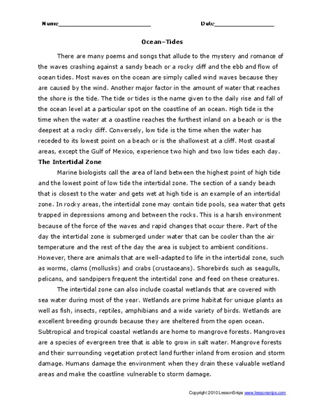 Ocean Tides Worksheet