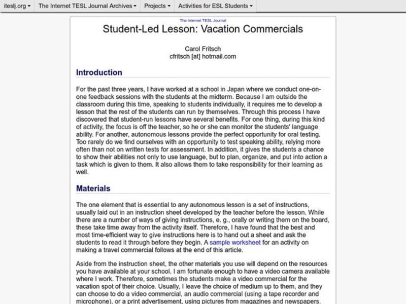 Fritsch - Student-Led Lesson: Vacation Commercials (I-TESL-J)The Internet TESL Journal Lesson Plan