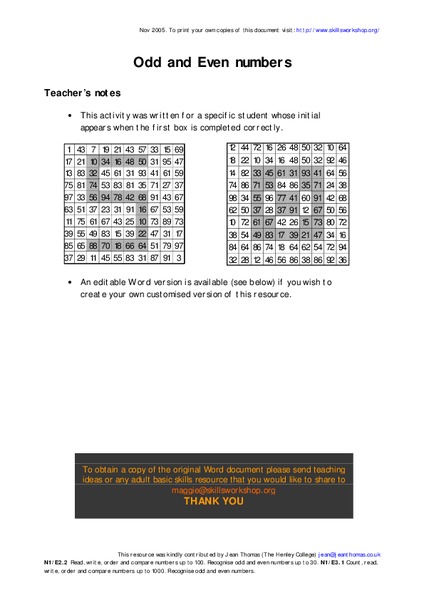 Odd and Even Numbers Worksheet