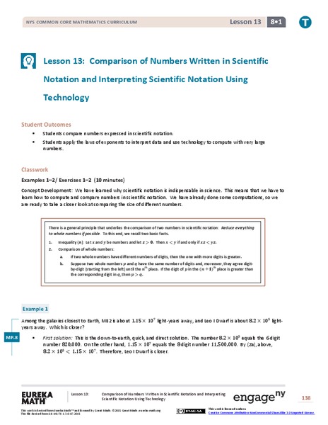 Comparison of Numbers Written in Scientific Notation and Interpreting Scientific Notation Using Technology Lesson Plan
