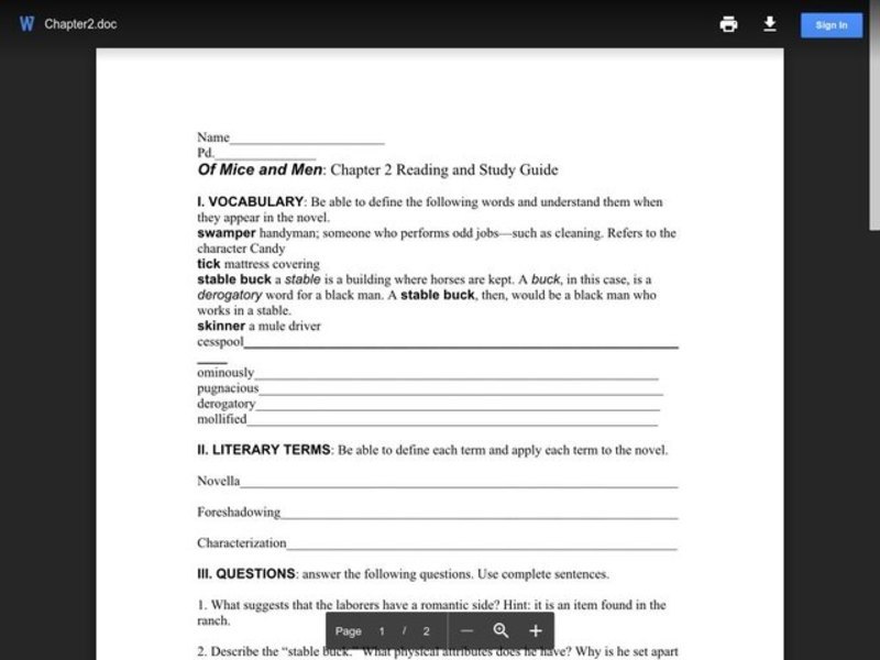 Of Mice and Men: Chapter 2 Reading and Study Guide  Worksheet