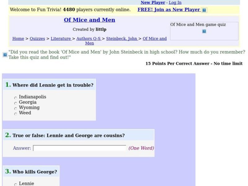 Of Mice and Men: Fun Trivia Quiz Worksheet