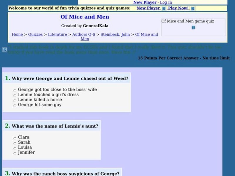 Of Mice and Men: Fun Trivia Quiz Worksheet