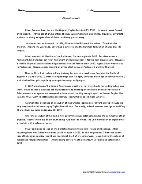 Oliver Cromwell Worksheet