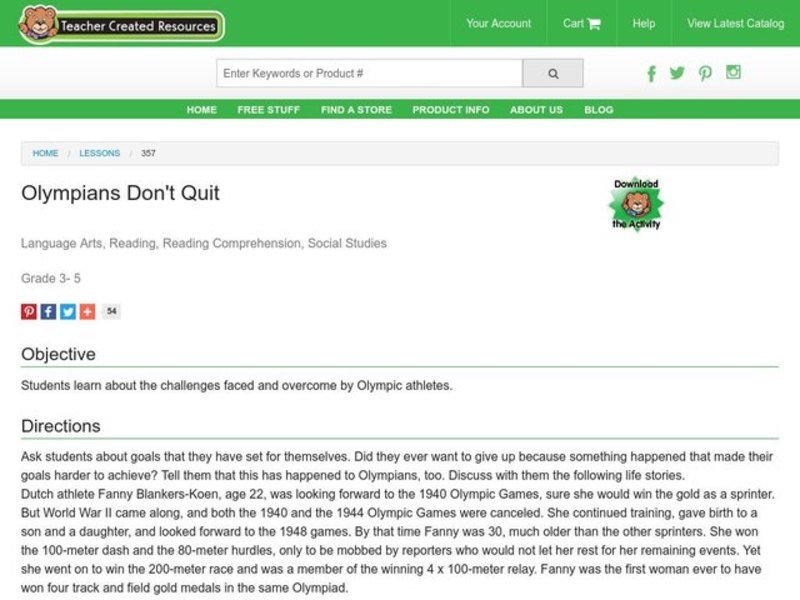 Olympians Don't Quit Lesson Plan