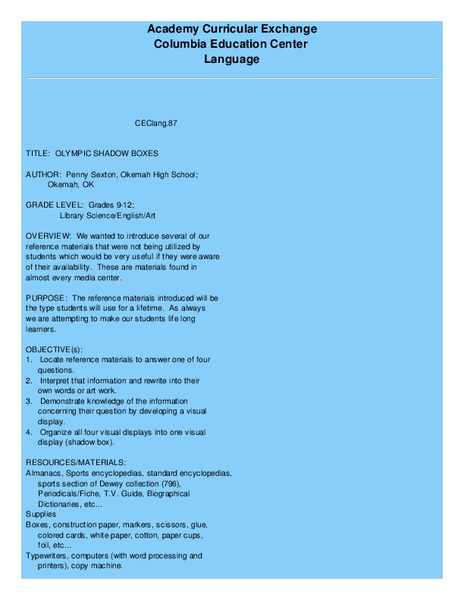 OLYMPIC SHADOW BOXES Lesson Plan