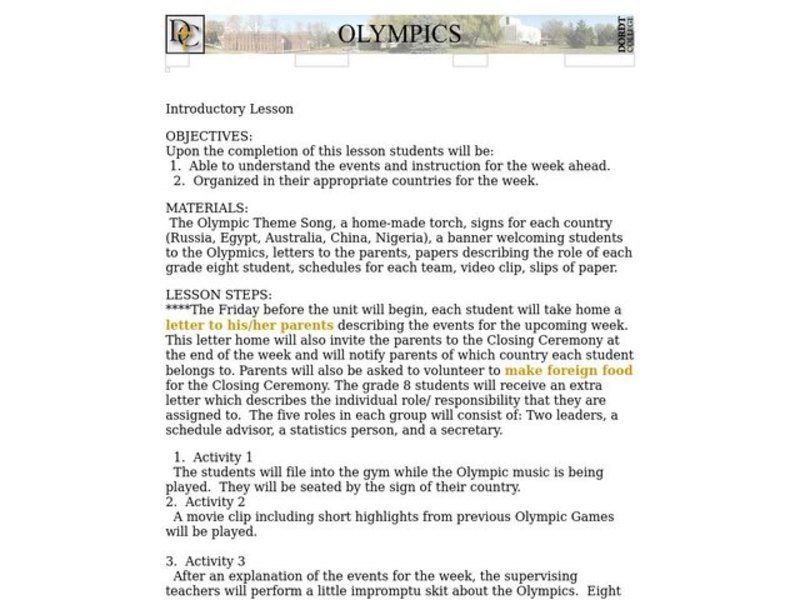 Olympics Lesson Plan