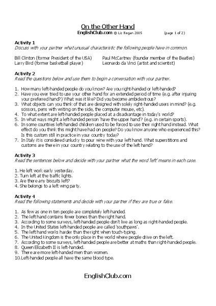 On the Other Hand Worksheet