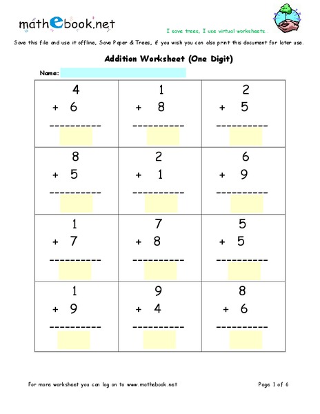 One Digit Addition Worksheet