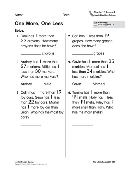 One More, One Less Worksheet