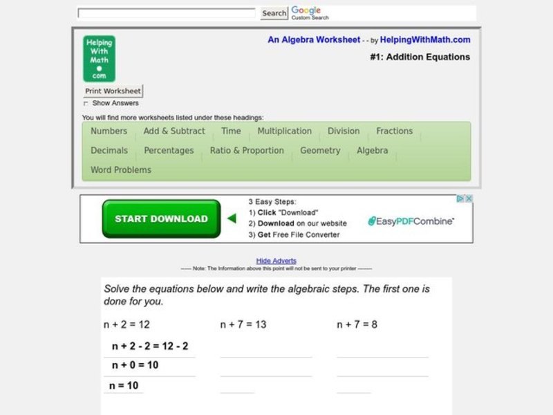 One Step Equations Worksheet