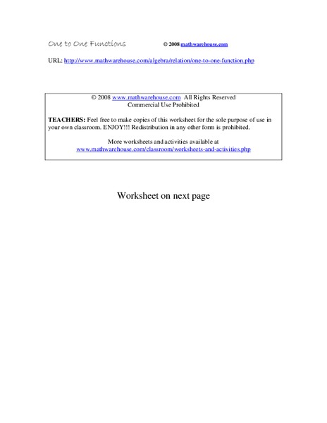One to One Functions Worksheet
