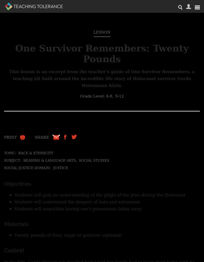 One Survivor Remembers: Twenty Pounds Lesson Plan