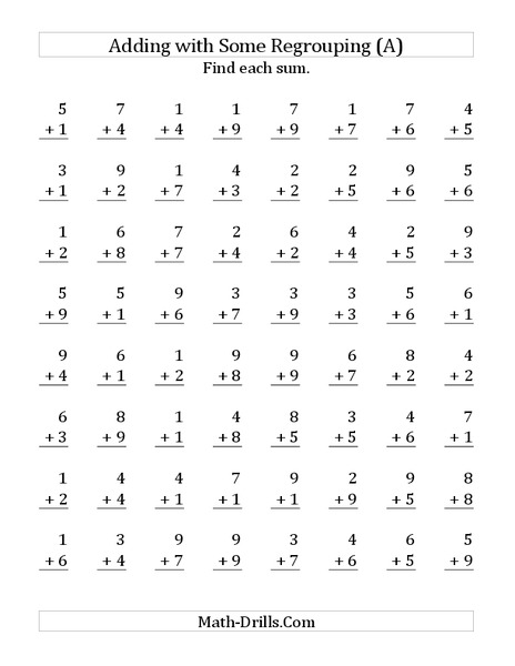 One-Digit Addition; With Regrouping (A) Worksheet
