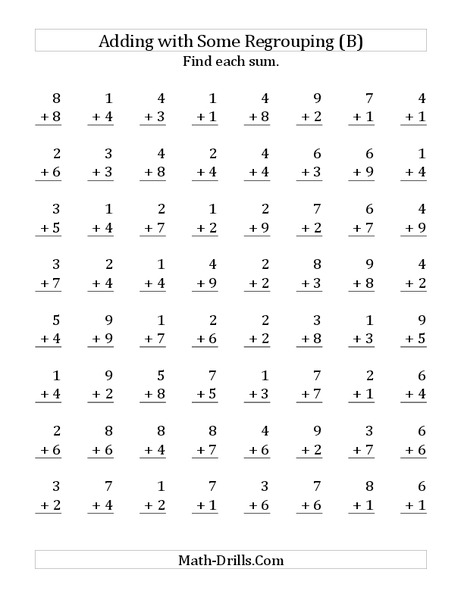 One-Digit Addition; With Regrouping (B) Worksheet