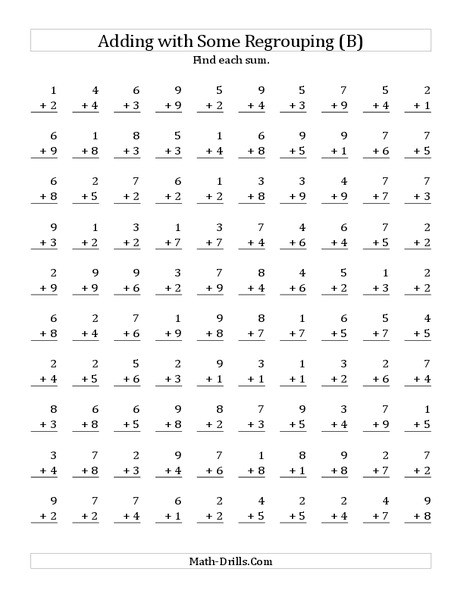 One-Digit Addition; With Regrouping (B) Worksheet