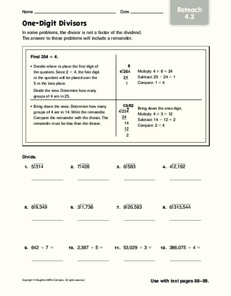 One-Digit Divisors Worksheet