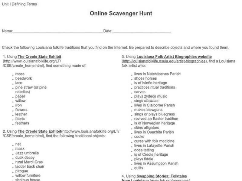 Online Scavenger Hunt Worksheet
