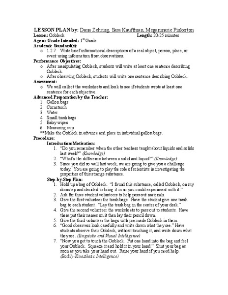 Oobleck Lesson Plan