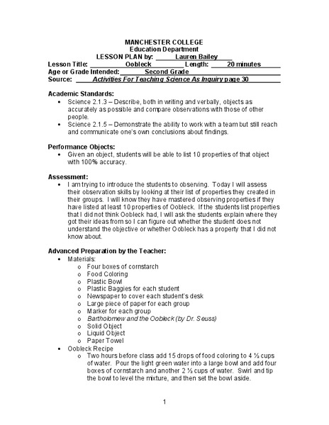 Oobleck Lesson Plan