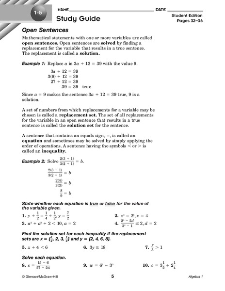 Open Sentences Worksheet