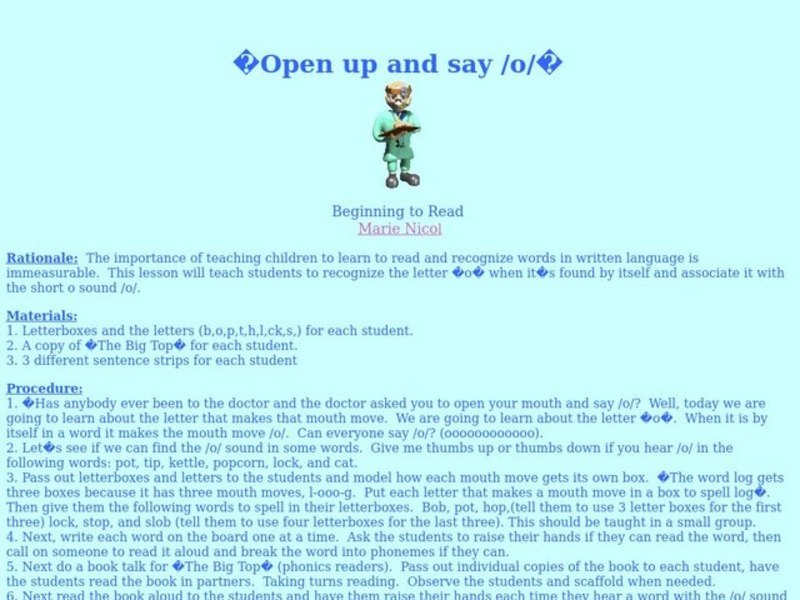 Open Up and Say /o/ Lesson Plan