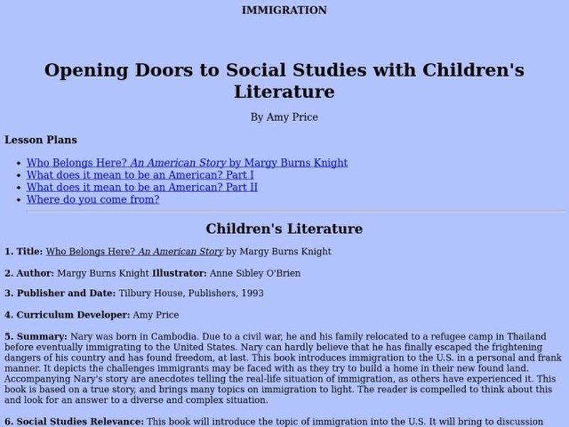 Opening Doors to Social Studies with Children's Literature Lesson Plan