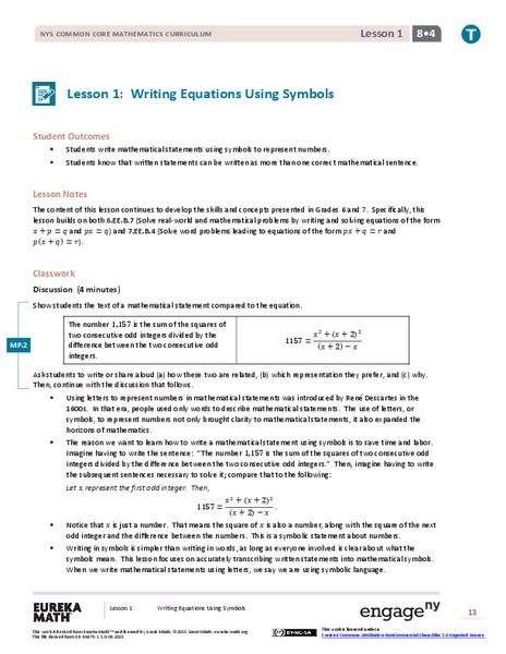 Writing Equations Using Symbols Lesson Plan