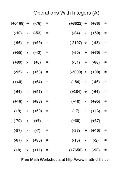 Operations with Integers (A) Worksheet