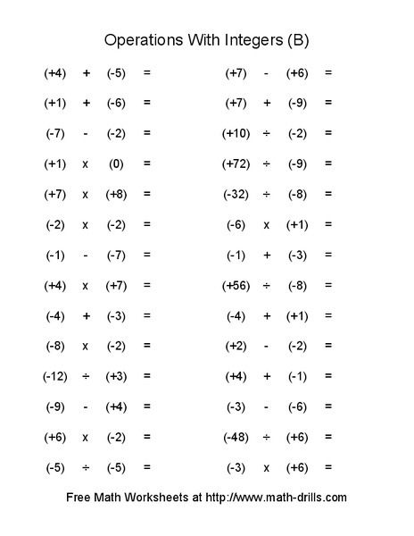 Operations with Integers (B) Worksheet