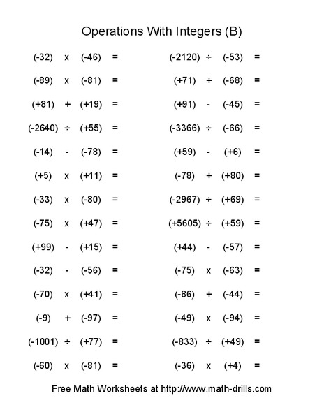 Operations with Integers (B) Worksheet