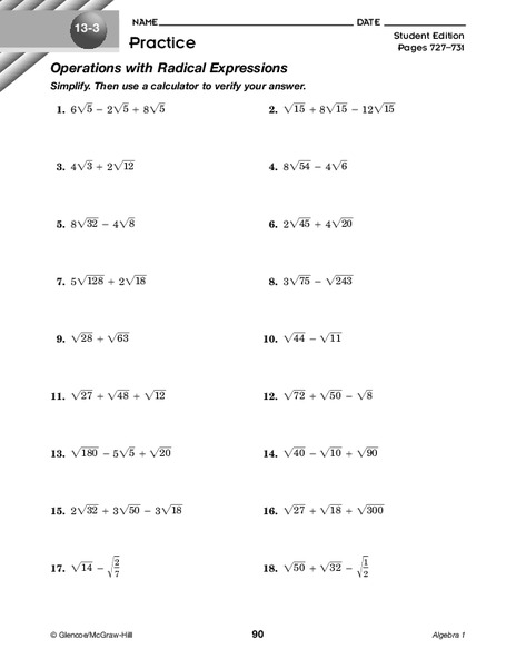 Operations with Radical Expressions Worksheet