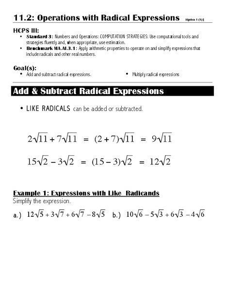 Operations with Radical Expressions Worksheet
