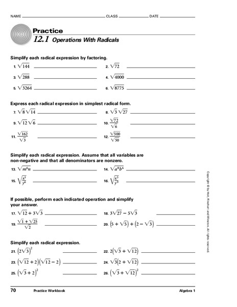 Operations with Radicals Worksheet