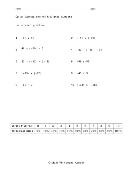 Operations with Signed Numbers Worksheet