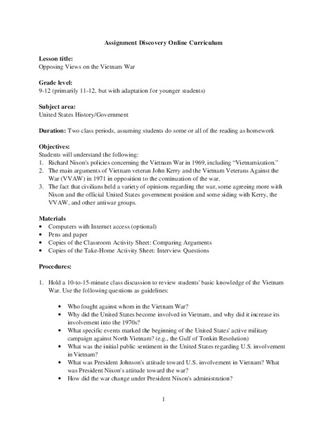 Opposing Views on the Vietnam War Lesson Plan