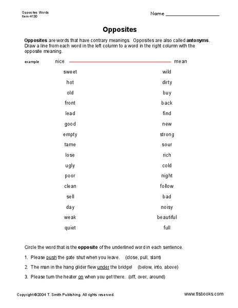 Opposites Worksheet