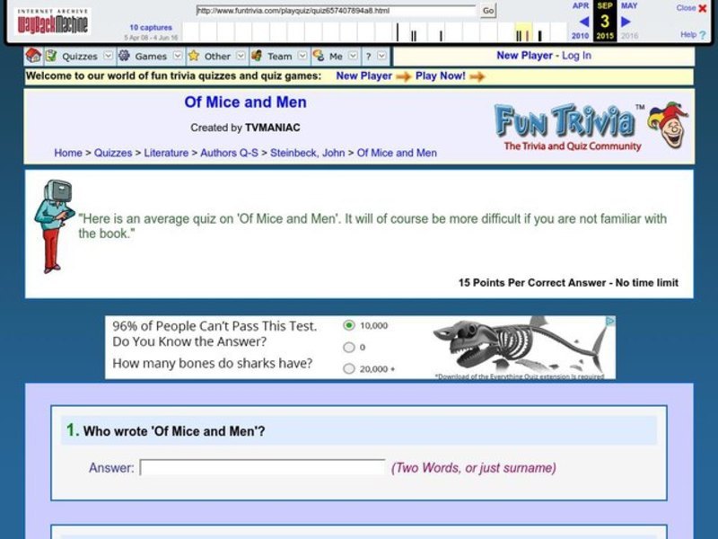 Of Mice and Men: Fun Trivia Quiz Worksheet