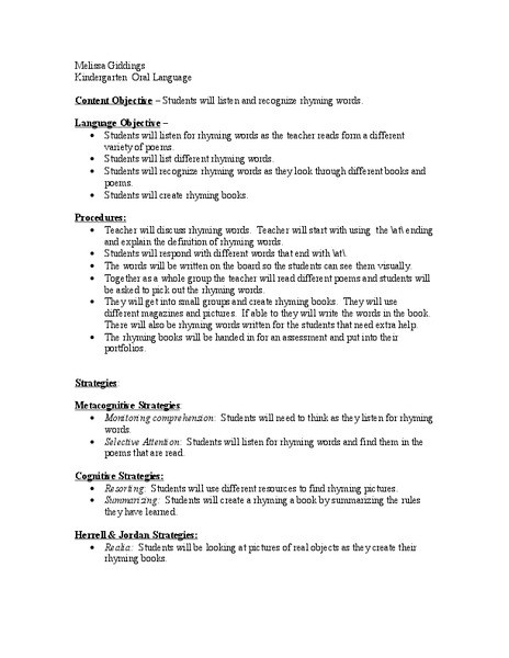 Oral Language Lesson Plan