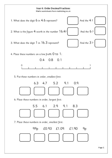 Order Decimal Fractions Worksheet
