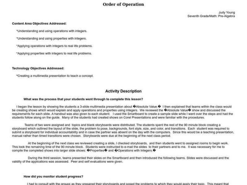 Order of Operation Lesson Plan
