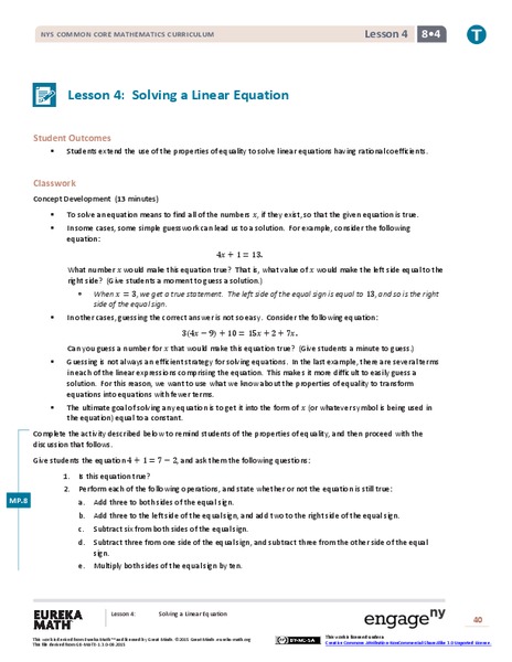 Solving a Linear Equation Lesson Plan