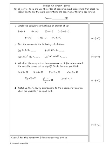 Order of Operations Worksheet