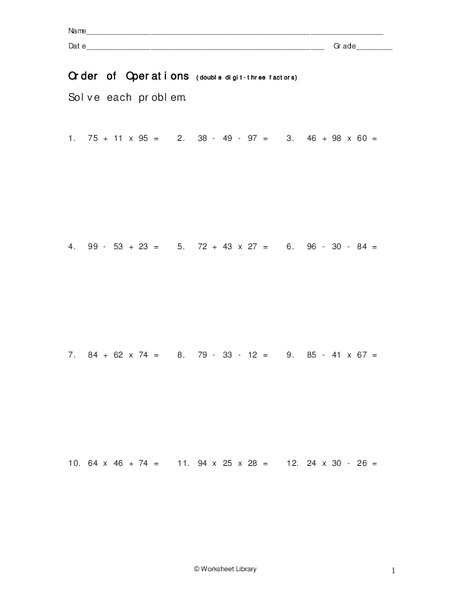 Order of Operations Worksheet