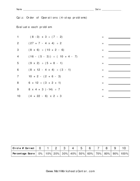 Order of Operations Worksheet