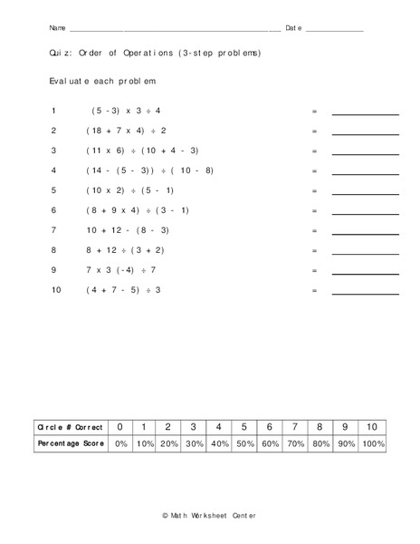 Order of Operations Worksheet
