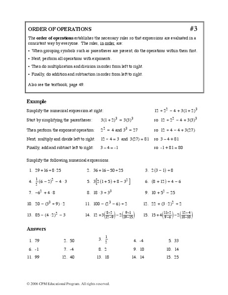 Order of Operations Worksheet
