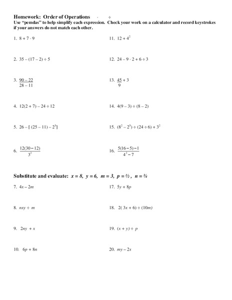 Order of Operations Worksheet