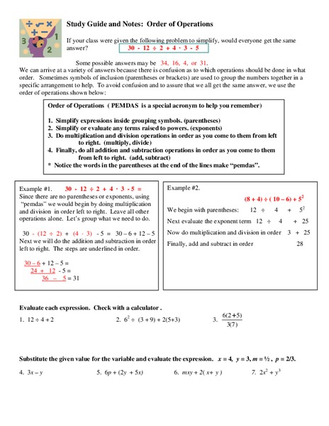 Order of Operations Worksheet