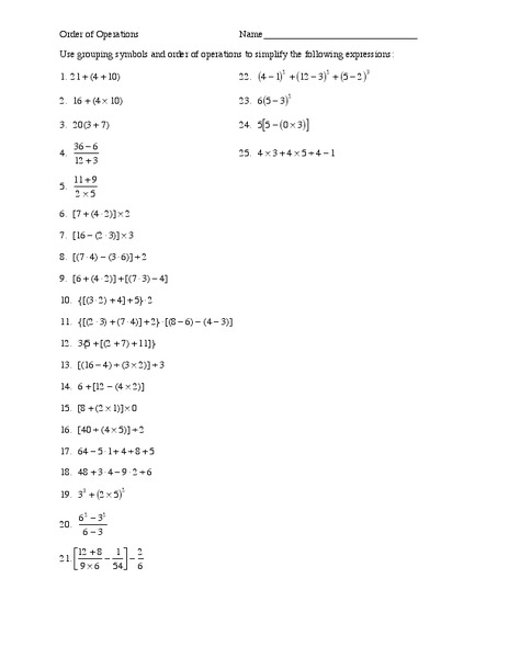 Order of Operations Worksheet
